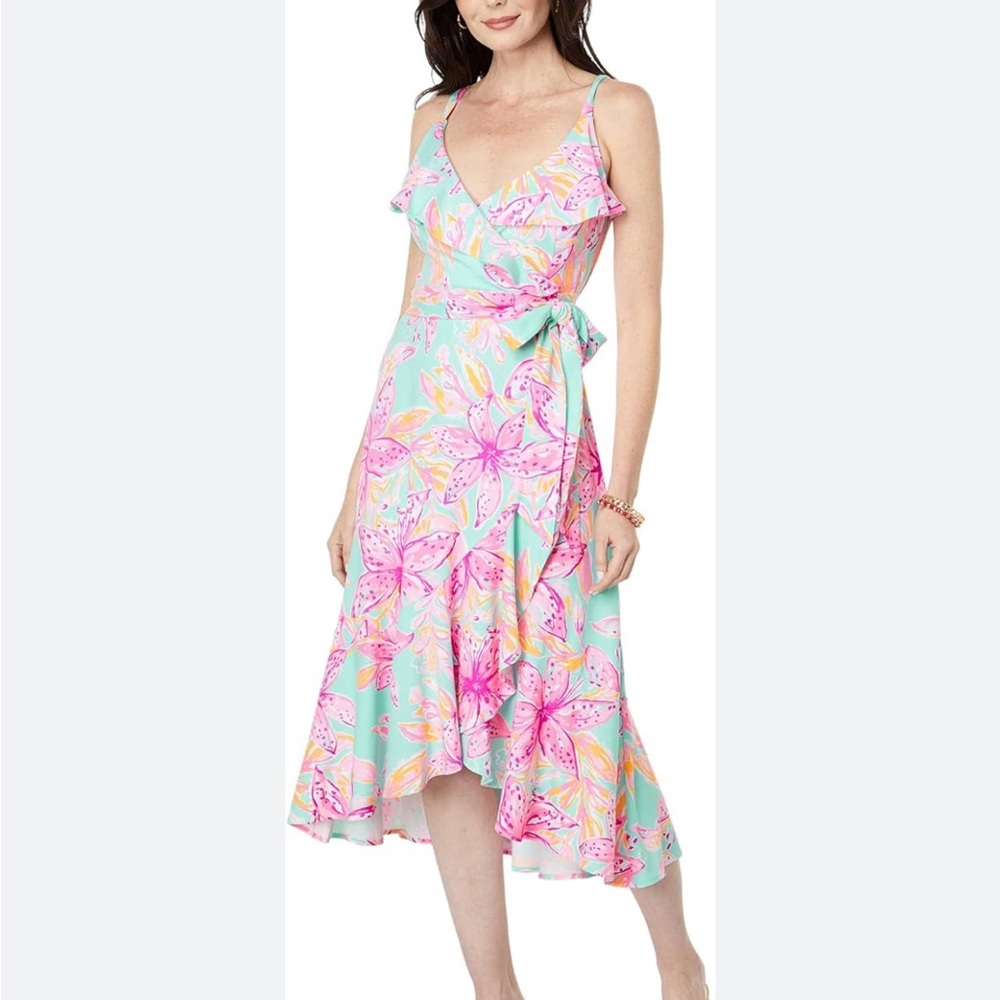 Worn once - Lilly Pulitzer Sz M Fontaine Wrap Dress - Surf Blue Bonita Blooms - Picture 3 of 11